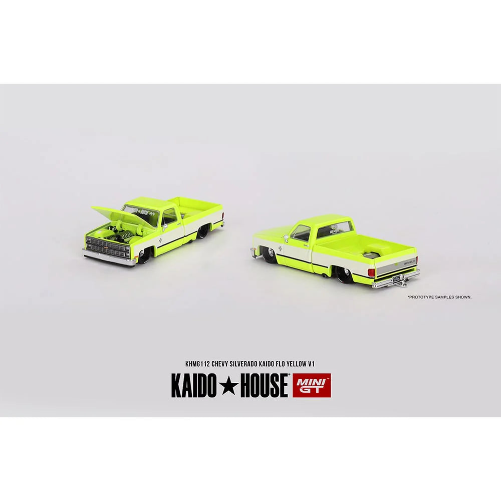 Mini GT x Kaido House Chevrolet Silverado Kaido Flo Yellow 1/64 Scale