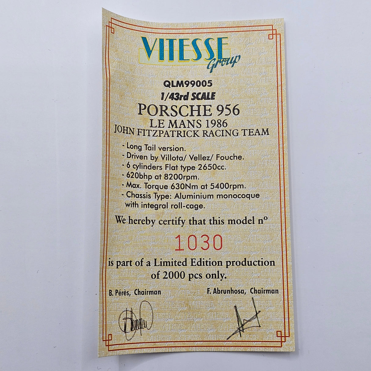 Quartzo Porsche 956 Long Tail "Danone" #33 Le Mans 1986 Limited Edition 1/43 Scale