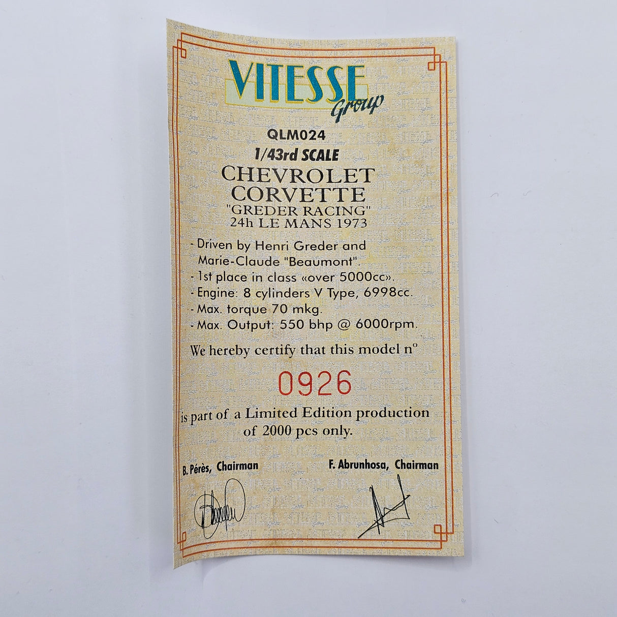 Quartzo Chevrolet Corvette "Greder Racing" #30 Le Mans 1973 1/43 Scale