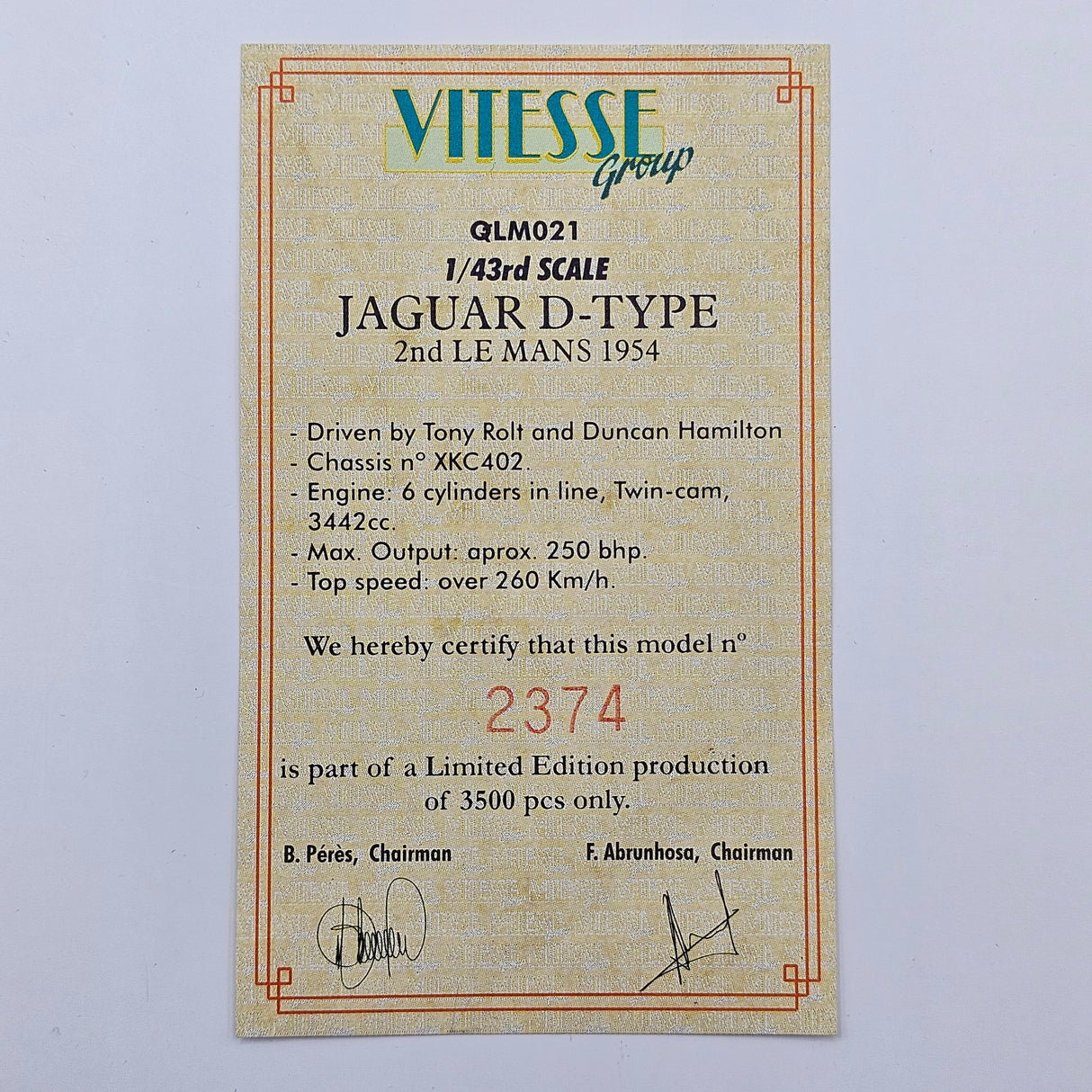 Quartzo Jaguar D Type #14 Second Place Le Mans 1954 1/43 Scale