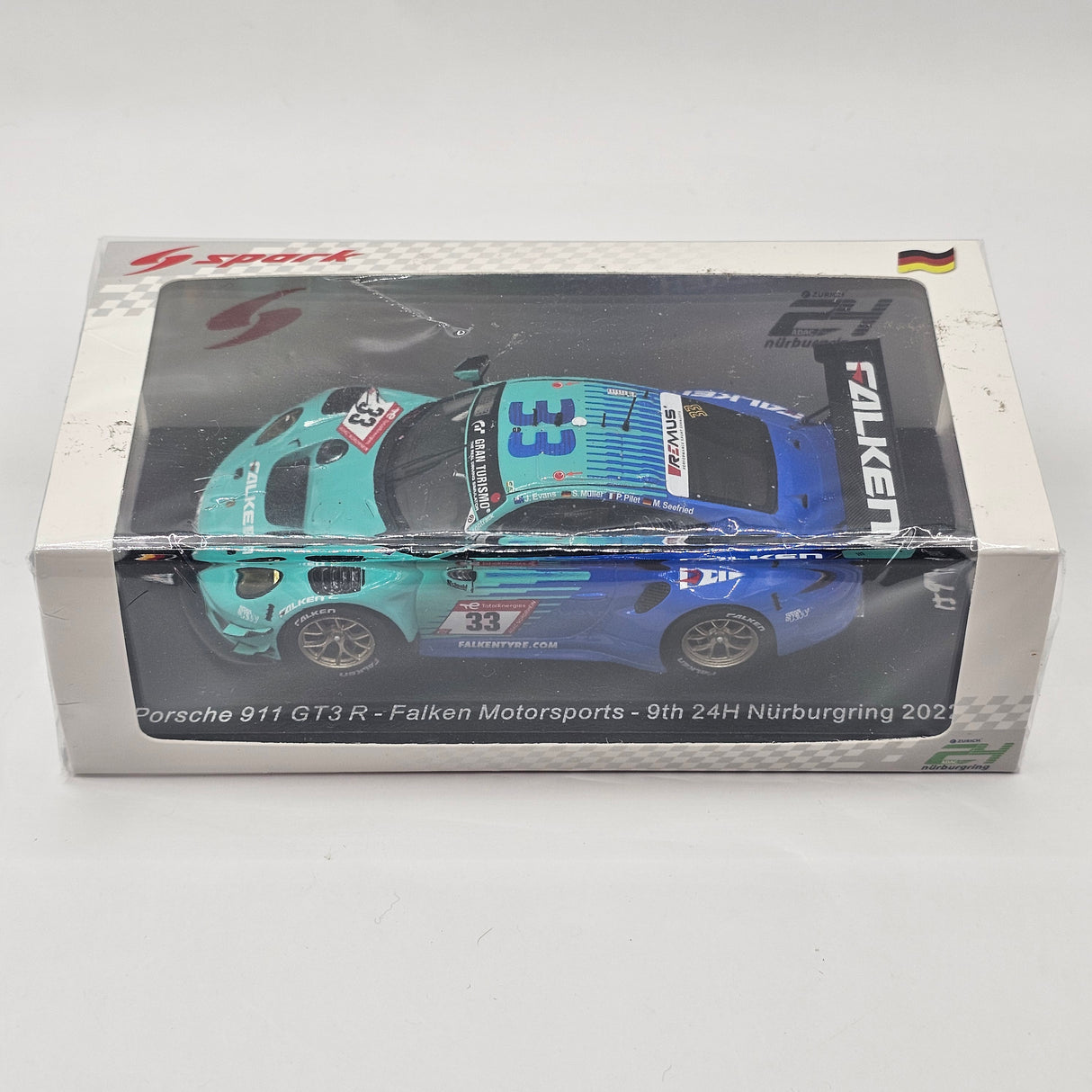 Spark Porsche 911 GT3 R #33 Falken Motorsports 9th 24H Nurburgring 2022 Evans/Muller 1/43 Scale