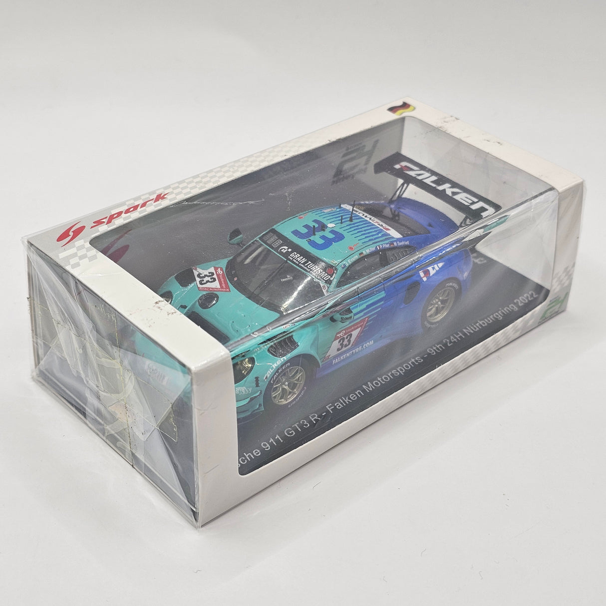 Spark Porsche 911 GT3 R #33 Falken Motorsports 9th 24H Nurburgring 2022 Evans/Muller 1/43 Scale