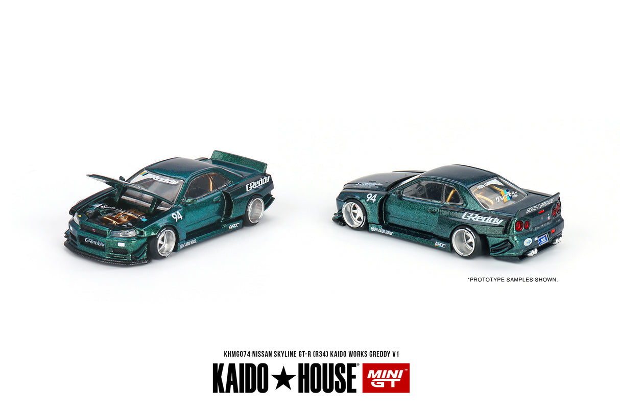 Mini GT x Kaido House Nissan Skyline GT-R (R34) Kaido Works Greddy V1 1/64 Scale