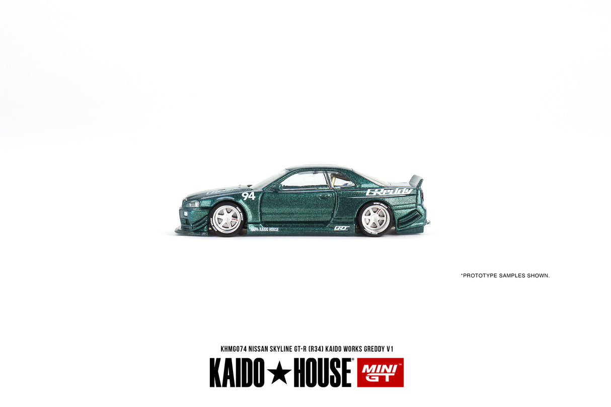 Mini GT x Kaido House Nissan Skyline GT-R (R34) Kaido Works Greddy V1 1/64 Scale