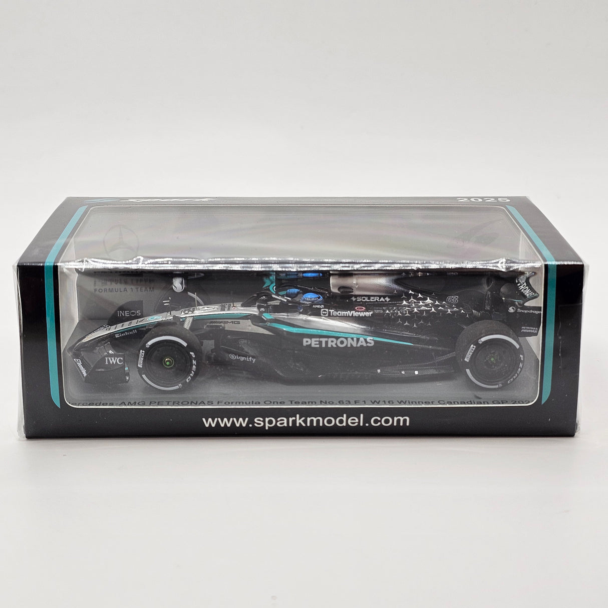 Spark Mercedes W16 #63 George Russell Canadian F1 GP 2025 Winner (With Pitboard) 1/43 Scale S9616