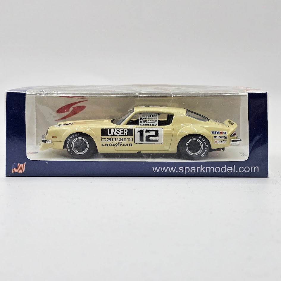 Diecast model cars Chevrolet Camaro 1/43 Spark beige No.12 IROC Daytona 1975 - A Diecast model cars Chevrolet Camaro 1/43 Spark beige No.12 IROC Daytona 1975 - A
