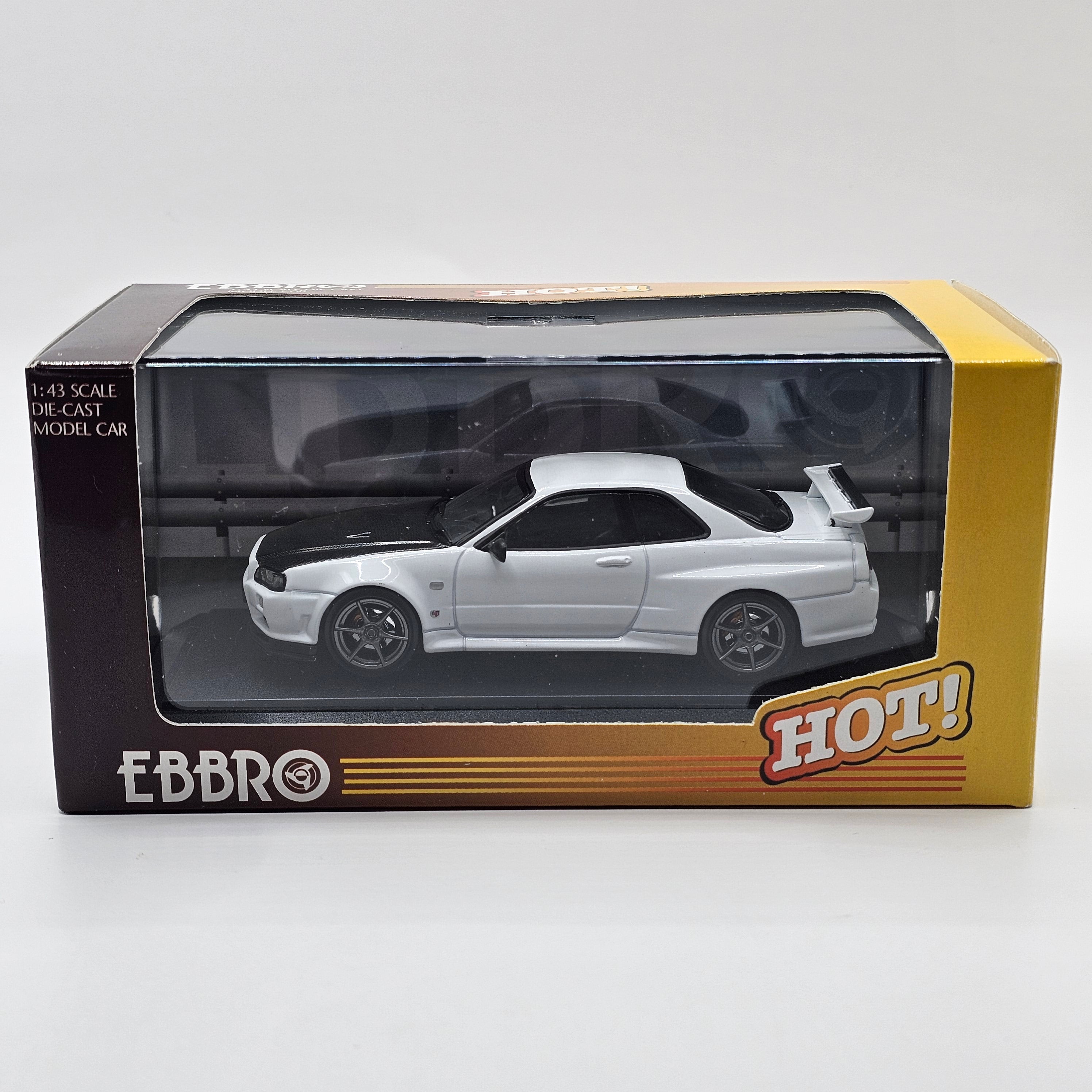 EBBRO Nissan Skyline GT-R R34 V-Spec II N1 White w/ Carbon Bonnet 1/43